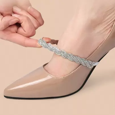 1雙高跟鞋防滑彈性鞋帶,鑲嵌鑽石裝飾扣,女性鞋帶