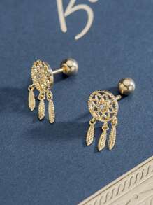 1 Pair Of Sterling Silver Earrings With Micro-Inlay . Fashionable And Luxurious, Creative And All-Match Dangling Earrings. Dreamcatcher Design Screw Back Studs Are Not Easily Dropped. - Yellow Gold - View 1