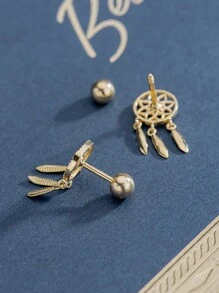 1 Pair Of Sterling Silver Earrings With Micro-Inlay . Fashionable And Luxurious, Creative And All-Match Dangling Earrings. Dreamcatcher Design Screw Back Studs Are Not Easily Dropped. - Yellow Gold - View 5