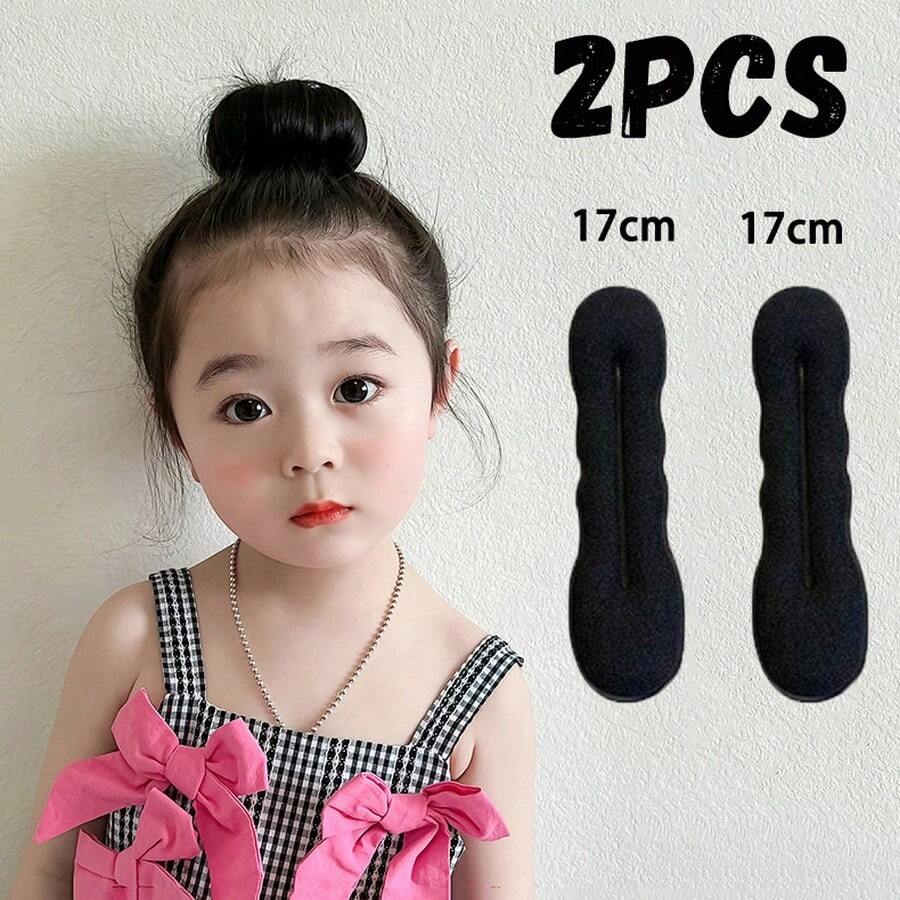 2件装 女童丸子头发髻神器 儿童爆圈发髻工具 蓬松花蕾头扎发饰 女宝宝发髻棒 (两支装) - 黑色 - 查看 1