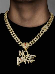 1條耀眼璀璨的金色18k鍍金13mm寬迈阿密粗鏈,鑲有闪亮珠寶,吊掛印刻no Love字母坠饰,適合男女情侶,日常休閒、假期夜店街头穿搭,男女情侶新年、情人節禮物、朋友最佳禮物,西海岸幫派饒舌嘻哈名人風格的珠寶 - 金色 - 查看 1