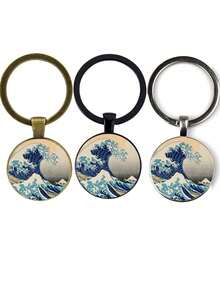 3pcs/Set Creative Keychain Printed With Waves Design, Comes In Black, Antique Bronze And Silver, Great Gift For Teachers, Lovers, Friends And Family - Multicolor - View 11