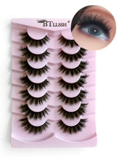 7 Pairs/Pack Thick Curly Fluffy Volume False Eyelashes Mink Lashes Cat-Eye Look Wispy Long 15mm 8D Volume Fake Eyelash Strips Foxy Eye Lifting Look Extension Full Eyelash Strip To Lengthen And Volumize The Outer Corner Of Your Eye