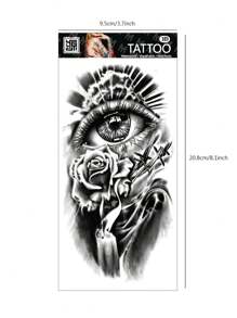 1張抽象聖光眼睛和花卉圖案臨時紋身貼紙,適用於手臂、胸部、腹部、背部 - 黑色 - 查看 7