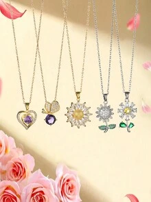 1 件多色金屬銅鑲嵌水鑽花朵吊墜項鍊,適合情人節、情侶和朋友禮物,適合女士日常佩戴 - 彩色 - 查看 1