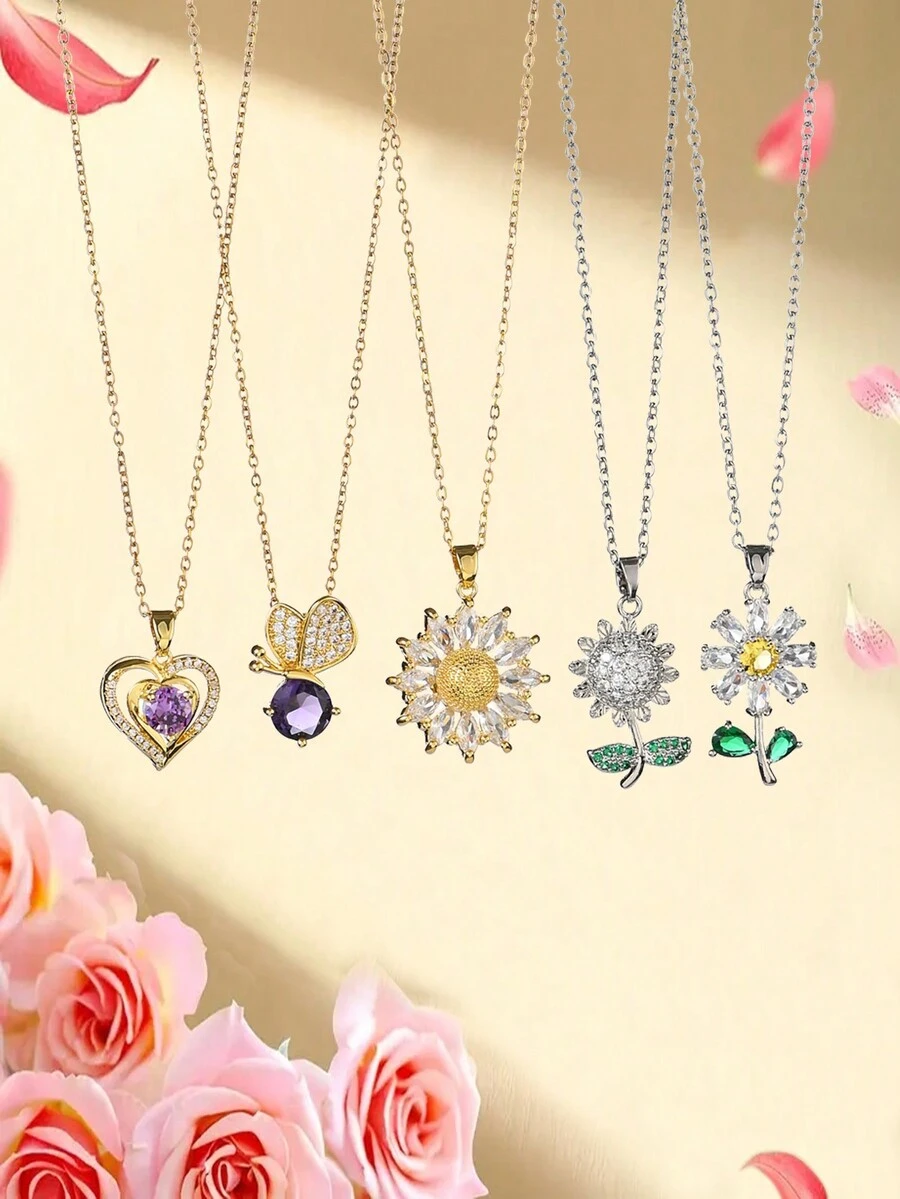 1 件多色金屬銅鑲嵌水鑽花朵吊墜項鍊,適合情人節、情侶和朋友禮物,適合女士日常佩戴 - 彩色 - 查看 1