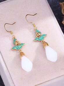 1對女士優雅可愛的花卉琺瑯勾式耳環,附翡翠,適合日常佩戴或送禮 - 小天鵝玉石耳環 - 查看 1