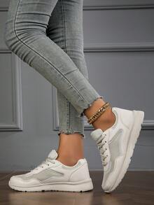 女性白色透氣輕便平底運動鞋,日常生活簡約風跑步鞋 - 白色 - 查看 5