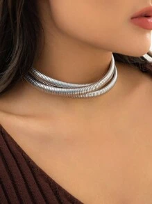 歐美時尚飾品,簡約誇張的疊層項鍊,個性流行鎖扣鎖骨鏈 - 銀色 - 查看 1