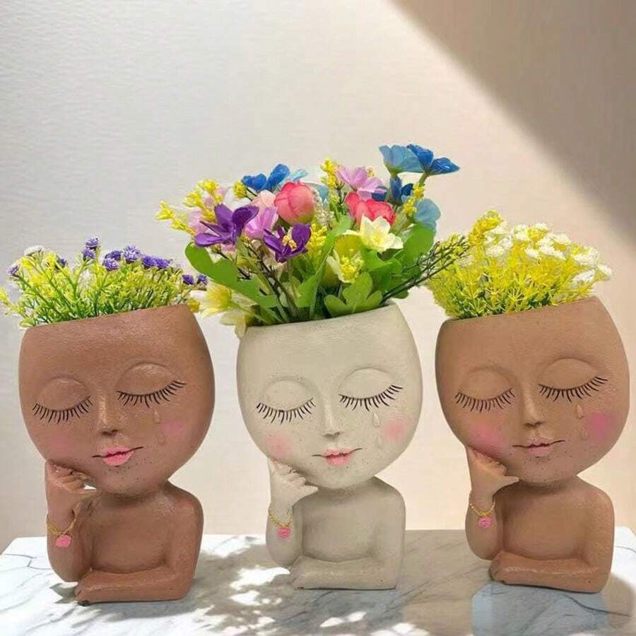 1個有趣的臉部盆栽花盆,帶孔的頭部植物盆,面部花盆用於室內裝飾,樹脂臉盆閉著眼睛 - 彩色 - 查看 1