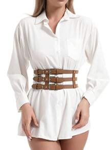 Street Punk Black Elastic Waist Belt With Three Rows Of Buckles And Hollow Out Design Halloween Corset Summer, School - Black - View 8