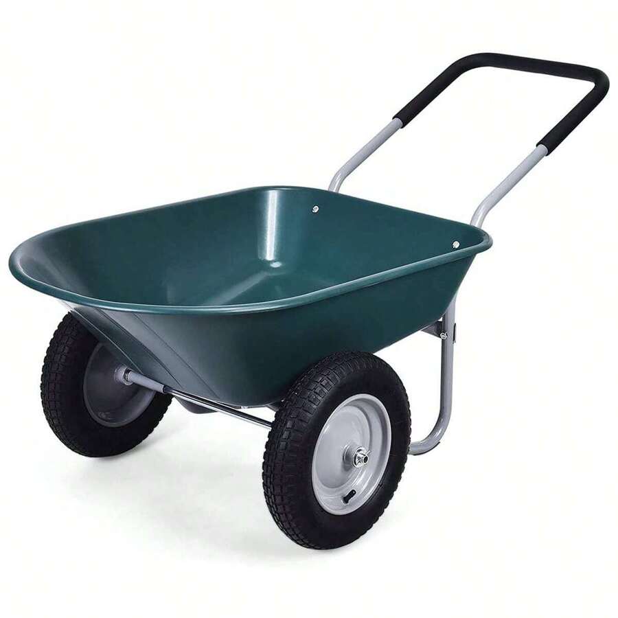 Wheelbarrow With 2 Pneumatic Tires With Metal Rim & PP Tub & Soft Grip Handles, Construction Wheelbarrow With Load Capacity, For Horse Manure & Soil & Tools, For Garden & Stable - Green - View 1