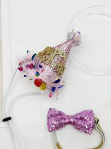 1set Children's Lovely Birthday Hat Set With Bowknot, Pink Glitter Bowknot Collar, Happy Birthday Mesh Decor, Cute Prop For Party And Gathering - Pink - View 3