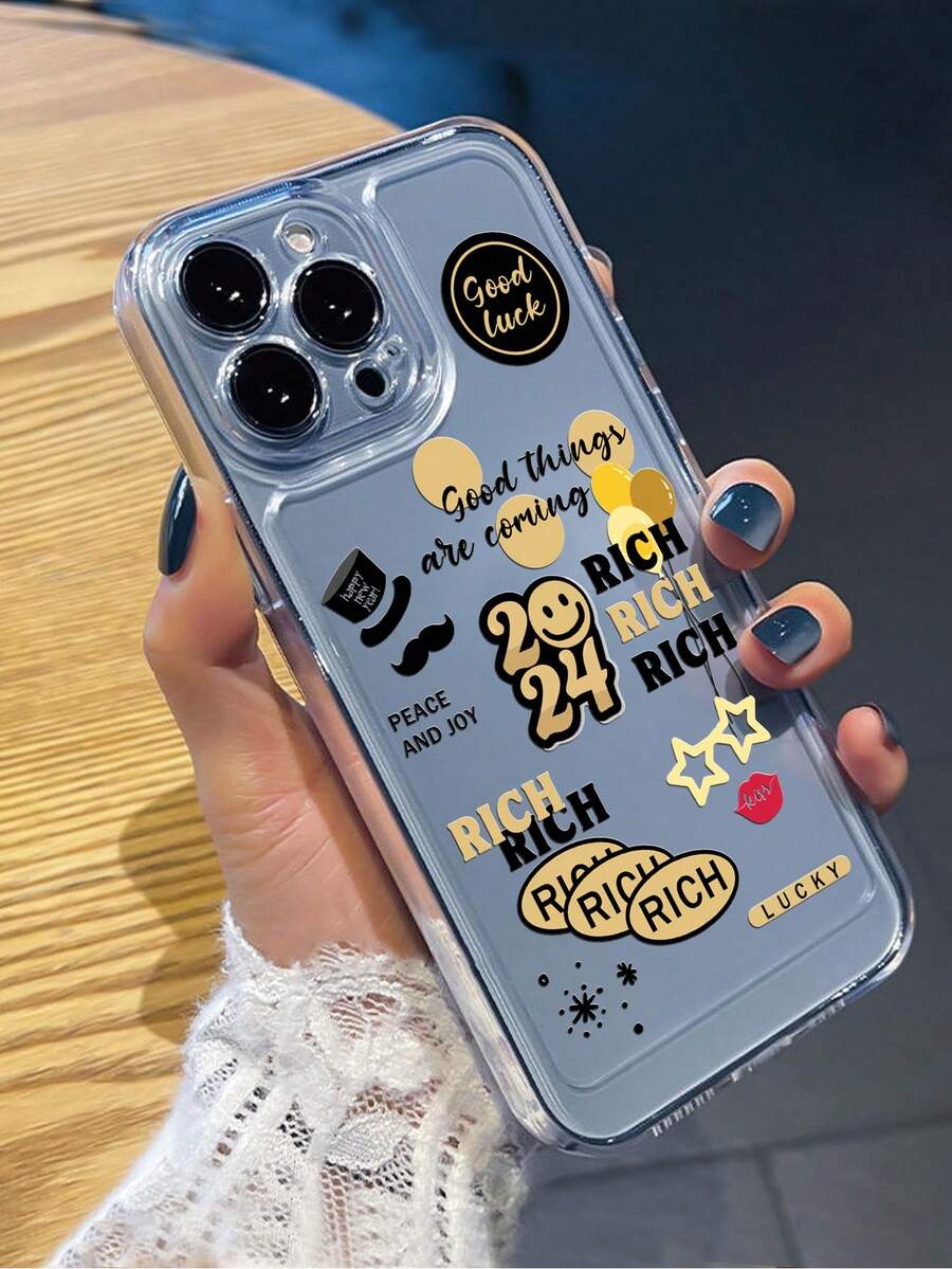 1 件透明太空形状 Tpu 手机壳，带可爱卡通 2024 口号图案，兼容 iPhone 型号 - 無色 - 查看 1