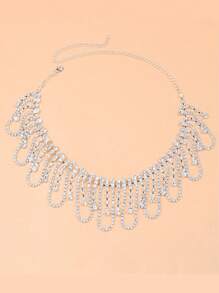 1 件新款时尚水滴水钻不对称流苏项链适合女士派对和舞会 - 銀色 - 查看 2