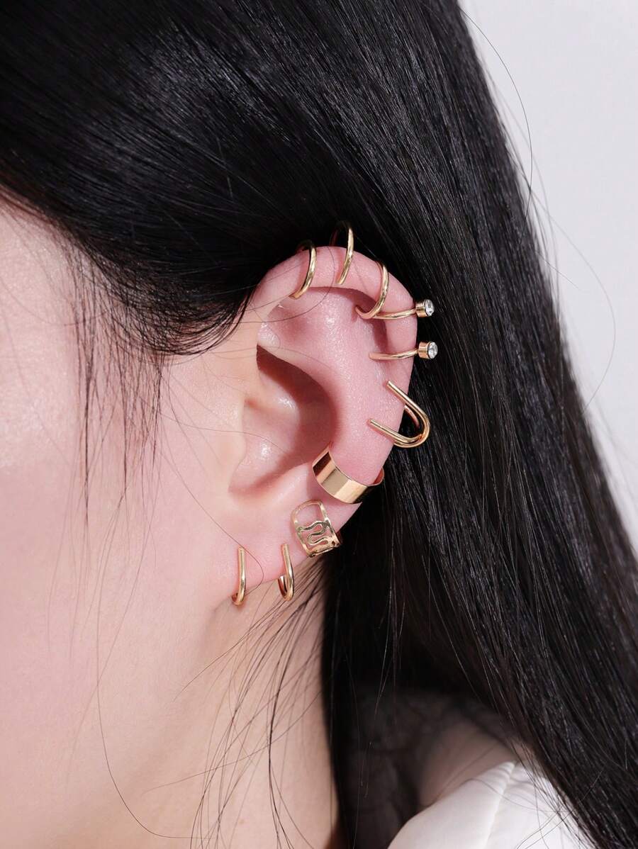 12入組耳環夾軟骨夾式耳環不穿針軟骨耳環不穿孔不發光的假軟骨耳環不鏽鋼軟耳環 - 金色 - 查看 1