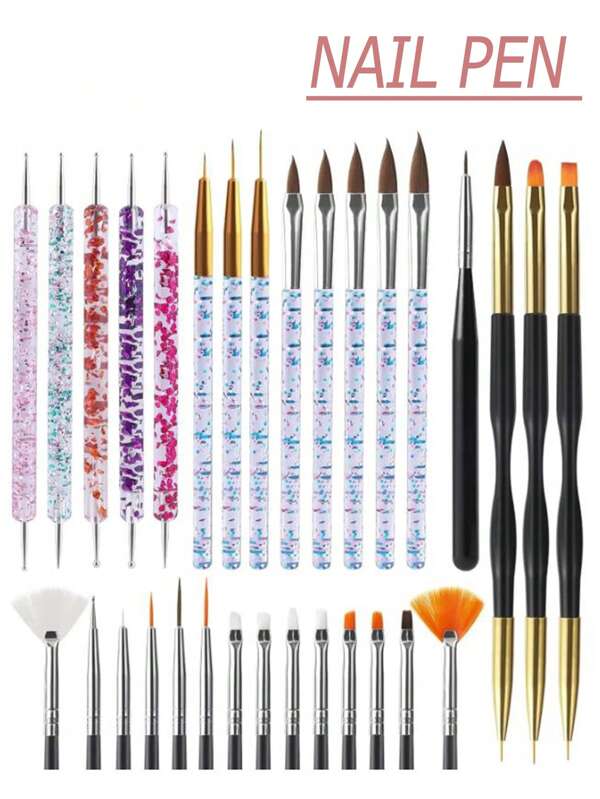 31 pièces Pinceaux de peinture pour manucure, embouts à dessin, stylo de gravure, pinceaux plats, pinceau traceur acrylique, outil de manucure pour vernis à ongles gel UV