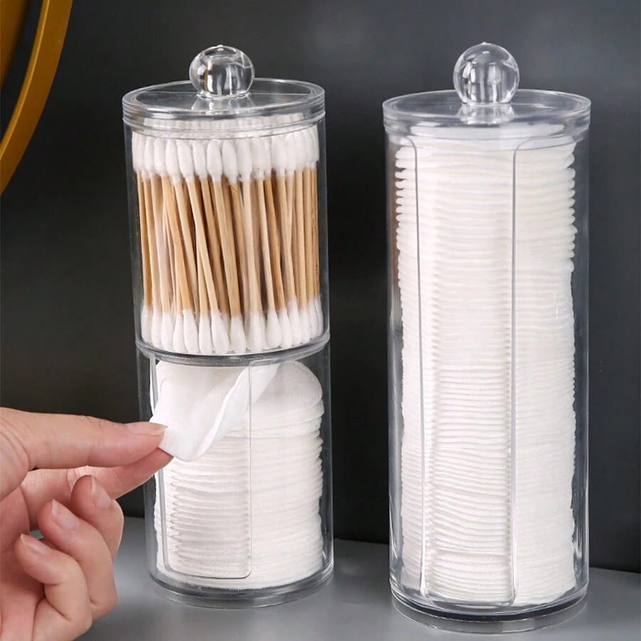 1pc Transparent Qtip Holder With Lid, Swab Box Makeup Pad Dispenser, Bathroom Storage Jar For Q-Tip,Pad,Floss Pick, Bathroom Organizer Accessories Storage Container Home Bathroom Decor Fall Decor Makeup Organizer Back To School