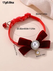 1入組寵物貓狗蝴蝶結領帶飾品帶珍珠和鑽石珠，蝴蝶結設計頸飾 - 紅色 - 查看 3