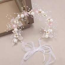 1pc Multicolor Faux Pearl Flower Bridal Headband, Sweet Mori Style Flower Crown Hair Accessories For Party, Wedding - Pink - View 4