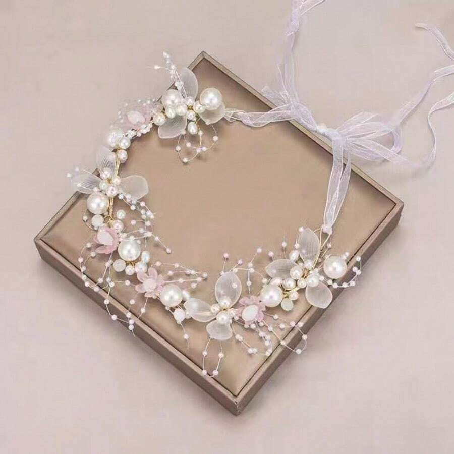 1pc Multicolor Faux Pearl Flower Bridal Headband, Sweet Mori Style Flower Crown Hair Accessories For Party, Wedding - Pink - View 1