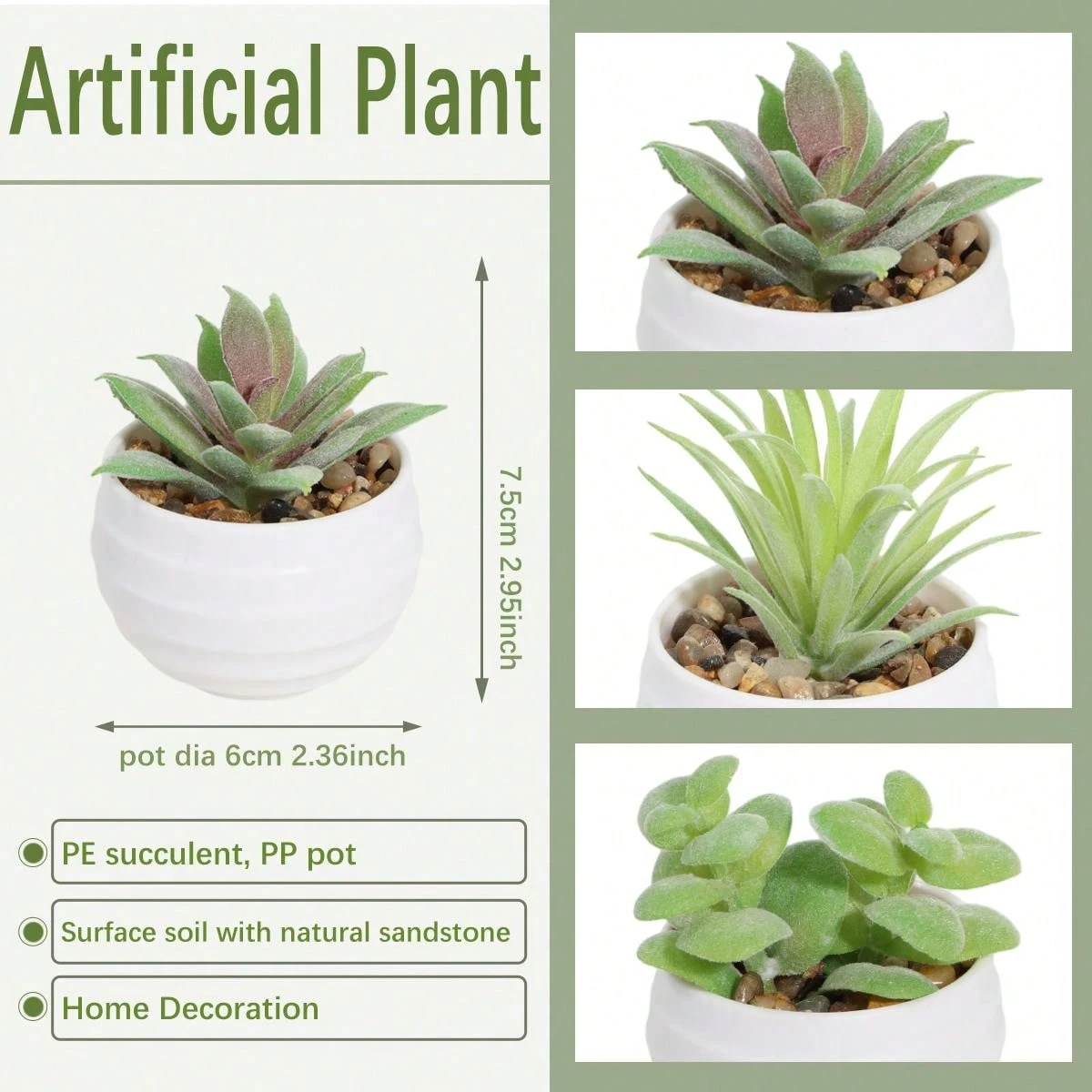 3pcs/Set Realistic Miniature Succulent Plants, Green Succulents In