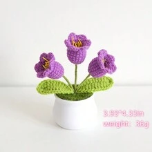 1入手工製作的3朵花的紫色桔梗盆栽,用紗線編織,適用於家居裝飾或送禮 - 紫色 - 查看 5