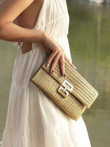 1pc Bohemian Vacation Woven Clutch Purse, Women's Square Flap Wallet, Straw Clutch Purse, Leisure Woven Bag - Apricot - View 4