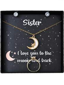 4 件金色時尚銅鑲嵌水鑽設計項鍊、戒指、耳環套裝帶星星、月亮、心形細節,包括賀卡,盒裝,情人節的理想禮物,情侶、姐妹、最好的朋友 - 金黃色 - 查看 1