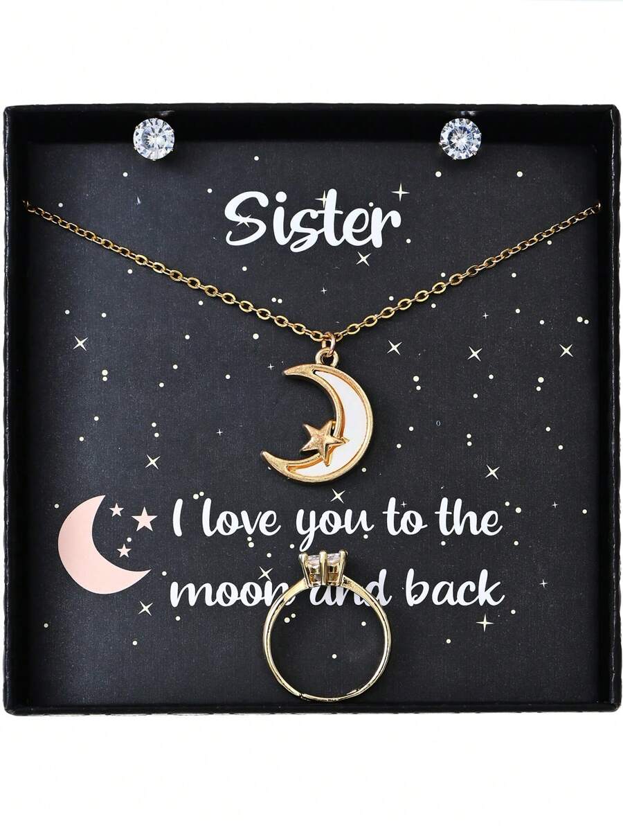 4 件金色時尚銅鑲嵌水鑽設計項鍊、戒指、耳環套裝帶星星、月亮、心形細節,包括賀卡,盒裝,情人節的理想禮物,情侶、姐妹、最好的朋友 - 金黃色 - 查看 1