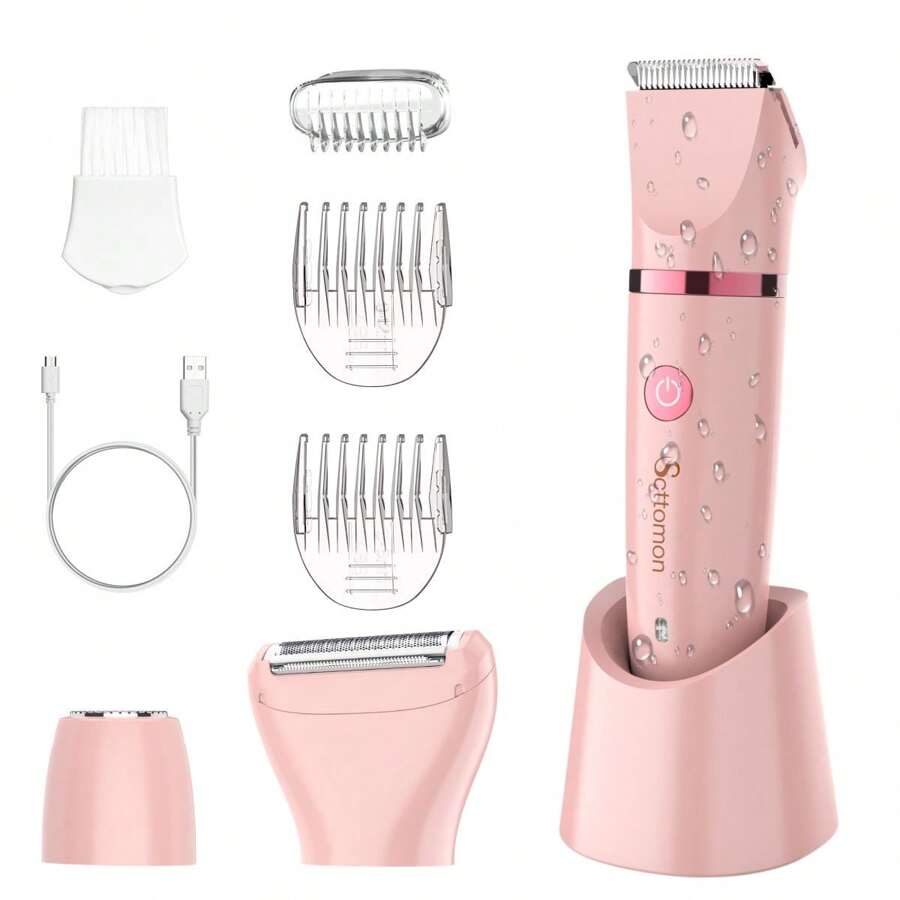 Electric Bikini Trimmer Shaver Razor Set For Women Body Hair Trimmer Wet/Dry Lady Face Body Shaver Razor Groomer Waterproof Cordless 3 In 1 - Pink - View 1