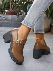 女士春秋增高厚底玛丽珍鞋，一脚蹬低帮坡跟厚底乐福鞋，学院风粗跟鞋 - 棕色 - 查看 4