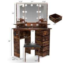 VOWNER Corner Makeup Vanity Desk With Outlet, Vanity Desk With Mirror And Lights, 3 Color & Brightness Adjustable, With 5 Rotating Drawers And Stool, For Girls Women Thanksgiving Christmas Gift - 質樸棕色 - 查看 8