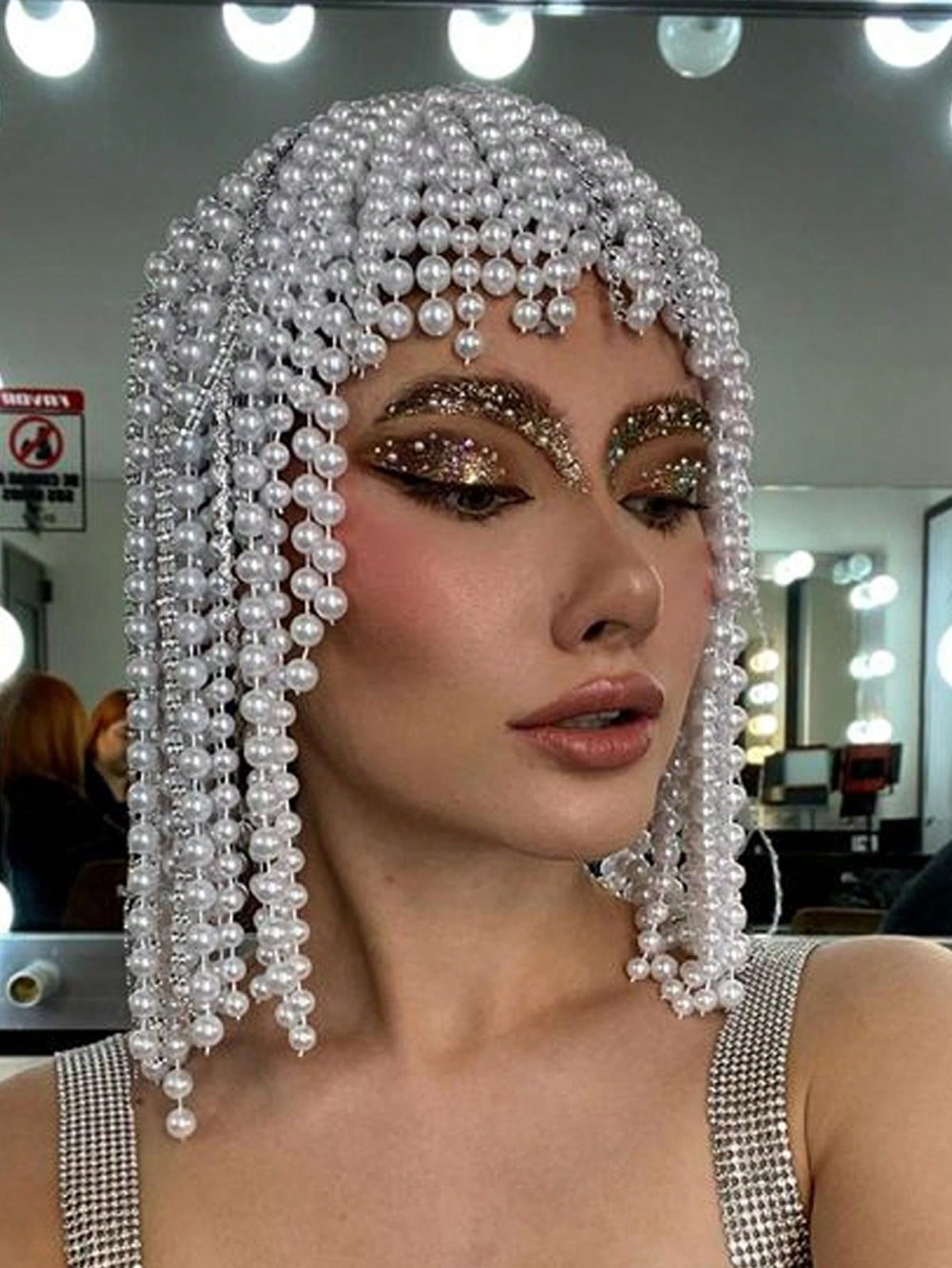 1pc Silver Fashionable Tassel Hair Chain With Exaggerated Pearl