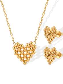 3pcs/Set 18k Gold Plated Stainless Steel Heart Shaped Design Necklace & Earrings, Suitable For Women's Daily Wear - Yellow Gold - View 6