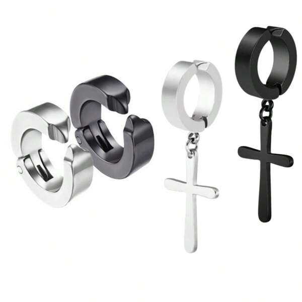 Kit 2 Pares de Brinco Argola Pressão Cruz Aço Inox Antialérgico Unissex Prata e Preto