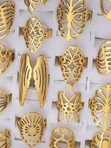 20pcs Fashion Stainless Steel Hollow Rings For Men And Women, Mixed Style Love Butterfly Flower Geometric Charm Jewelry - A - View 2