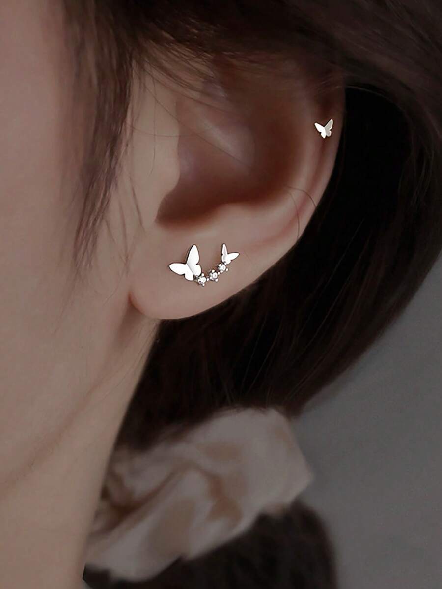 GAGAFEEL 1對優雅甜美 S925 純銀蝴蝶耳環微鑲方晶鋯石女式耳釘，送給女朋友或閨蜜禮物 - 銀色 - 查看 1