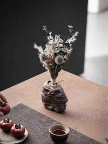 1pc Vintage Style Ceramic Flower Vase, Japanese Style Home Decoration For Dried Flowers And Hydroponic Plants - Black - View 1