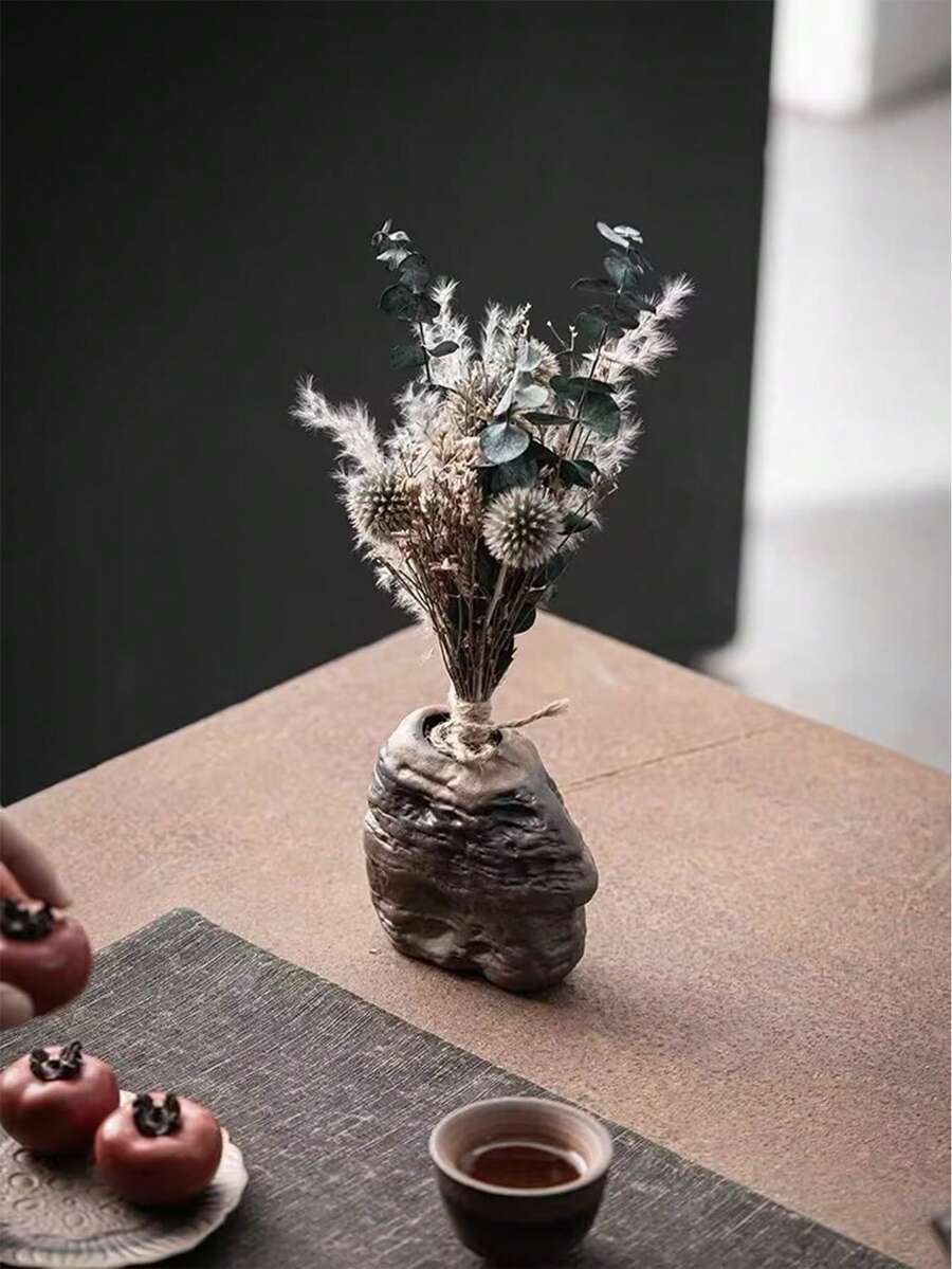 1pc Vintage Style Ceramic Flower Vase, Japanese Style Home Decoration For Dried Flowers And Hydroponic Plants - Black - View 1