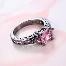Female Square Cut Pink  Princess Ring Engagement Wedding Valentine's Day Jewelry Gift - Black+Pink - View 4