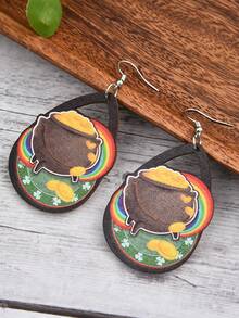 1對復古木製長型水滴耳環,女款彩虹吊墜耳環禮物 - 軍綠色 - 查看 3