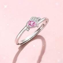 1pc Lovely S925 Silver Pink Inlaid Heart Shaped Ring, Valentine's Day Gift For Girls - Silver - View 6