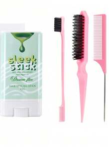 4 件/套发蜡棒造型梳套装 - 1 件绿色发蜡棒用于发际线和假发，1 件粉色发刷用于梳理发际线，1 件粉色边缘刷用于保持发际线光滑，1 件粉色尾梳用于造型，可作为圣诞礼物 - 15g Pink 4 Piece Set - 查看 1