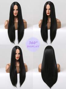 Peluca sintética larga y recta negra para mujer, línea de pelo de parte media, aspecto Natural, uso diario para fiesta, peluca completa de 26 pulgadas, uso diario para fiesta - Negro - Ver 7