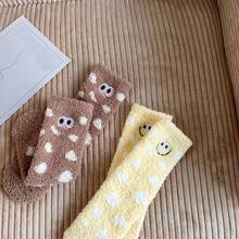 Autumn & Winter Coral Fleece Thickened Mid-Calf Socks Embroidered With Biscuit Pattern For Sleep Or Home Use - Pink - View 6