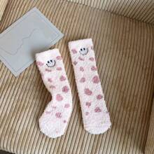 Autumn & Winter Coral Fleece Thickened Mid-Calf Socks Embroidered With Biscuit Pattern For Sleep Or Home Use - Pink - View 1