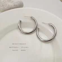 歐美簡約c形幾何夸張的耳釘,高端街頭風格,個性極簡主義風格,大膽的耳環 - 銀色 - 查看 2