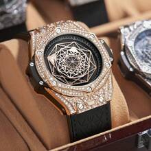 ONOLA 品牌 Iced Out 奢华钻石手表男士皮革防水石英手表礼物 - 黑色 - 查看 2