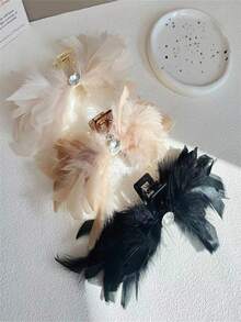 1 件純淨優雅羽毛大髮夾女式爪夾秋冬新款大容量時尚髮飾適合情人節、復活節和新年派對、約會和聚會 - 白色 - 查看 4